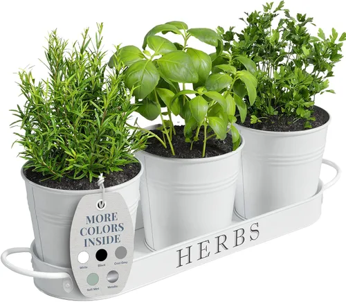 Vista 11 de Barnyard Designs - Juego de macetas para jardín de hierbas de interior con bandeja, macetas de metal para alféizar con drenaje para plantas de Negro