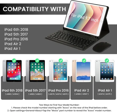 Vista 2 de SOPPY Funda con teclado Bluetooth con mouse para iPad de 6ª/5ª generación, iPad Pro de 9.7 pulgadas, Air 1/2, teclado inalámbrico desmontable