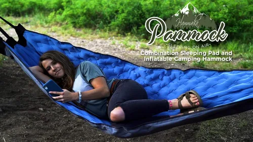 Vista 5 de Pammock - Colchoneta para dormir que se convierte en una hamaca inflable, ideal para acampar, mochileros, senderismo, Airpad, bolsa de transporte
