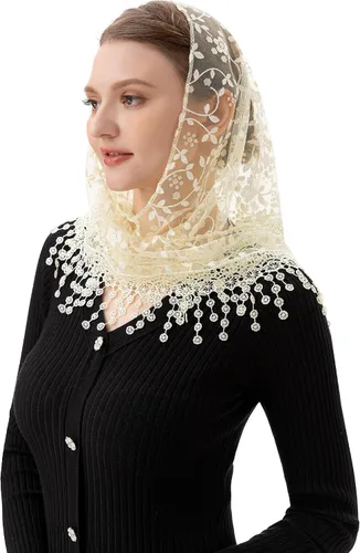 Vista 5 de PAMOR Triángulo velo de encaje Mantilla Catedral cabeza cubierta capilla velo para bodas masivas damas de honor