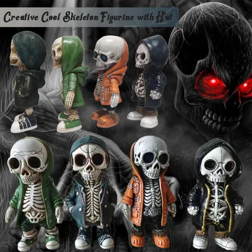 Vista 4 de 2 figuras de esqueleto geniales, manualidades de resina, figuras de cráneo de hip hop, estatua gótica, ropa de calle, estatua de calavera
