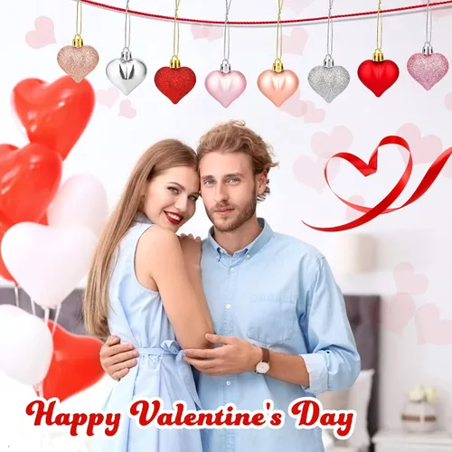 Vista 6 de JUNEBRUSHS 48 adornos en forma de corazón de San Valentín, decoraciones de corazón con purpurina de oro rosa, bolas colgantes para árbol de Navidad