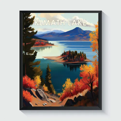Vista 28 de Yellowstone Lake - Póster impreso artístico, ilustración, arte de pared, decoración de paisaje retro, paisaje, obra de arte para decoración de Lago