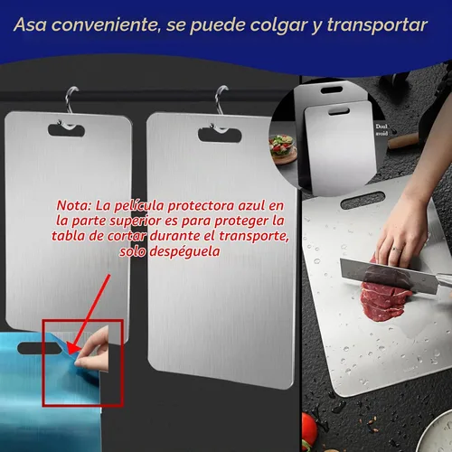 Vista 6 de Tablas de cortar de titanio para cocina, tabla de cortar de acero inoxidable de doble cara, diseño colgable, fácil de limpiar, duradera y resistente