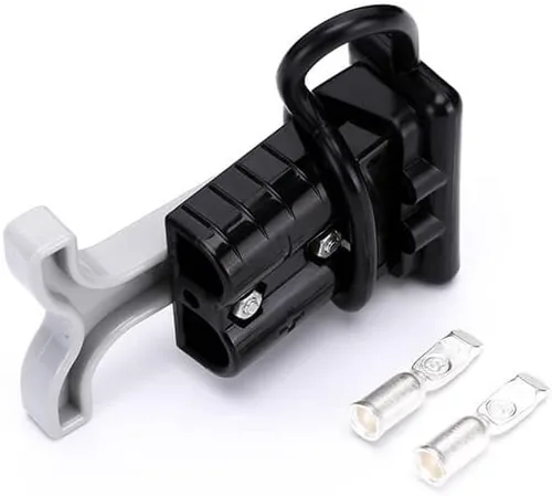 Vista 2 de Conector de cable de alimentación de batería de 2 vías, carcasa negra de 600 V 50 amperios, mango de barra en T gris y cubierta negra a prueba