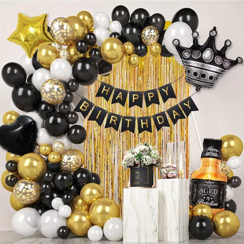 Vista 7 de Decoraciones de cumpleaños negras y doradas con pancarta de feliz cumpleaños, cortinas, botella, corona, globos de estrella de corazón y luz LED