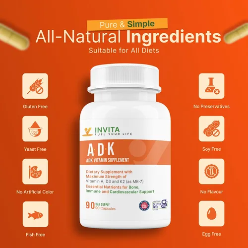 Vista 6 de INVITA, Suplemento vitamínico ADK – 90 cápsulas – Alta potencia de vitamina A, D3 5000 UI y K2-MK7 – Médico formulado para apoyo óseo, corazón e