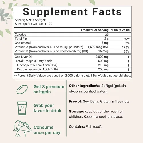 Vista 6 de Suplementos de aceite de pescado Omega 3 de triple fuerza, 4200 mg por porción y aceite de hígado de bacalao, 2,000 mg por porción, 360 cápsulas