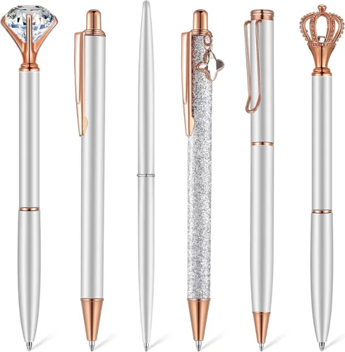 Vista 9 de Qeeenar Juego de 6 bolígrafos de bola de metal con cristales de diamante para diario, bonitos y brillantes, elegantes artículos de papelería, tinta
