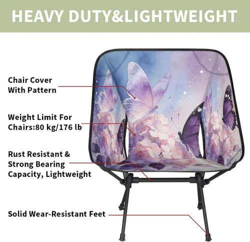 Vista 5 de Dreamy Purple Butterfly Flower Camping Chair - Portable Outdoor Folding Chair,Steel Tube X-Shaped Support,Comes with Side Storage Bags,Suitable for