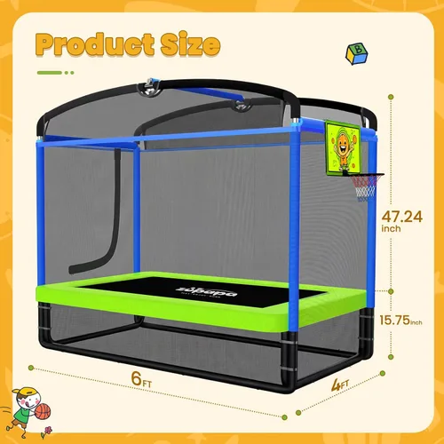 Vista 6 de Zupapa Cama elástica 5 en 1 rectangular para niños de 6 pies con silla hamaca, aro de baloncesto y red de seguridad - Cama elástica cuadrada