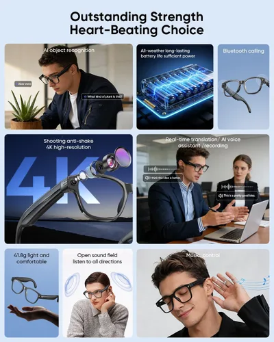 Vista 3 de Lentes inteligentes AI con cámara 4K para hombres y mujeres, gafas de cámara antivibración de 800 W con GPT de chat, grabación de video, micrófono
