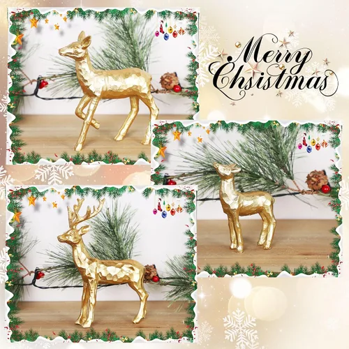 Vista 4 de Lulu Home 3 piezas de decoraciones de mesa navideñas, estatuillas familiares de renos dorados de resina con diversas posturas, adornos para centros