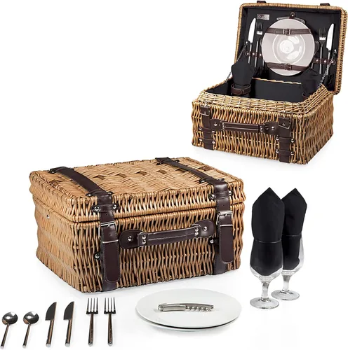 Vista 3 de PICNIC TIME Champion - Cesta de picnic para 2, romántica canasta de mimbre de madera de estilo inglés con servicio de lujo para 2, interior Negro