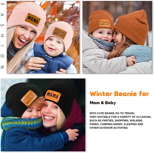 Vista 17 de Gorro para padres e hijos,Madre y bebé hija/hijo gorro de punto cálido de invierno,Gorro suave para niños
