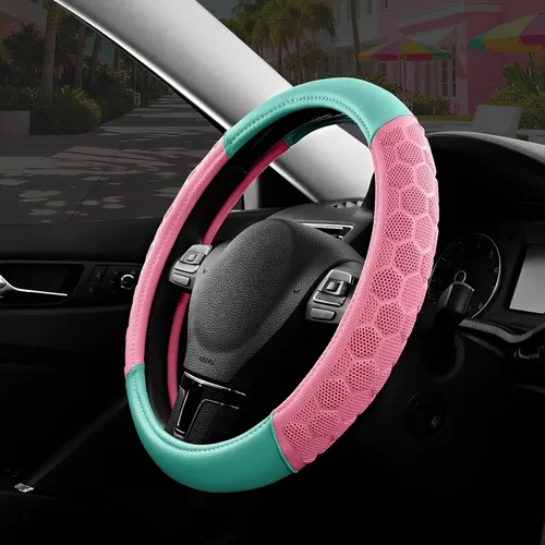 Vista 14 de Cubierta de Volante de Masaje PIC AUTO, Cubierta de Volante de Coche de Cuero Beige y Material de Patrón de Fútbol Rosa Combinado, Cubierta