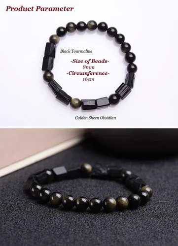 Vista 2 de LOTONTJ Pulsera de turmalina negra natural Feng Shui Wealth Bracelet Golden Sheen Obsidiana Multi-Gem Crystal Pulsera de cuarzo espiritual 0.315in
