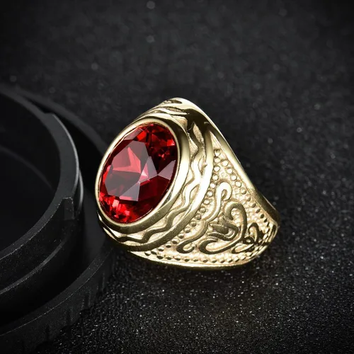 Vista 4 de Lunxury - Anillo de boda de acero inoxidable grabado para hombre, color rojo, rubí sintético, cristal dorado, anillos de boda, Cristal, Zirconia
