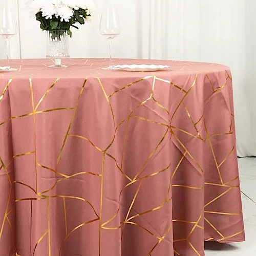 Vista 6 de Balsa Circle Mantel redondo de poliéster con diseño geométrico metálico de 120 pulgadas, color canela y oro rosa Rosa canela