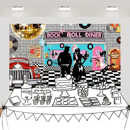 Vista 4 de Telón de fondo de comedor de los años 50, decoración de fiesta, fondo de mesa de postre, accesorios para cabina de fotos, no lavable, 5 x 3 pies