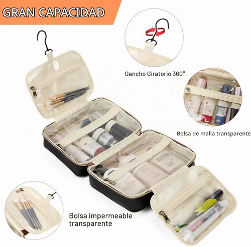 Vista 2 de Telena Neceser de viaje para mujer con gancho para colgar, resistente al negro con café