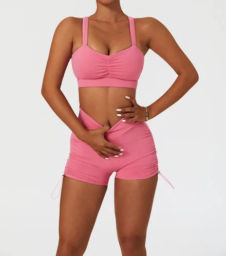 Vista 6 de ABOCIW Conjuntos de entrenamiento para mujer, 2 piezas, pantalones cortos de cintura alta cruzada y brasieres deportivos, trajes de yoga