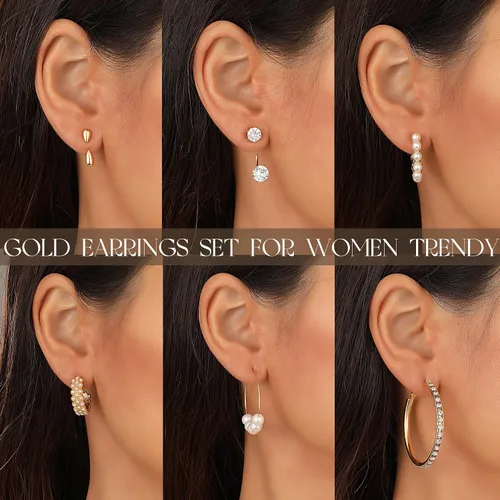 Vista 3 de Juego de 84 pares de aretes de oro para mujer, paquete múltiple, aretes de mariposa de circonita cúbica de perlas de moda, aretes hipoalergénicos