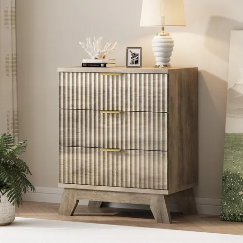 Vista 18 de Cómoda acanalada para dormitorio con 3 cajones, cómoda moderna de 24 pulgadas de ancho con mango de metal, soporte de TV de madera, armario de Negro