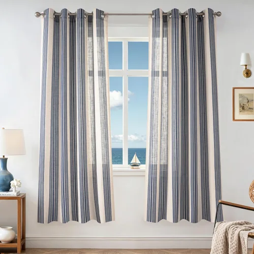 Vista 56 de DriftAway Cortinas de estilo granja con rayas verticales de lino mezclado texturizado con filtro de luz semitransparente para sala de estar