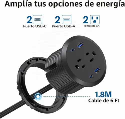Vista 2 de Ojal de alimentación de escritorio, estación de carga rápida USB C de 65 W, 2 salidas de CA, 4 puertos USB en la parte superior de tu escritorio