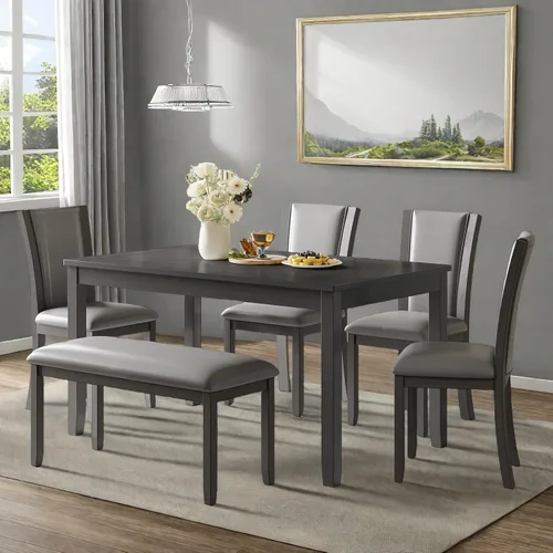 Vista 31 de Juego de mesa de comedor Trygoal para 5, juego moderno de 6 piezas para comedor con mesa rectangular, 4 sillas tapizadas con respaldo y un banco