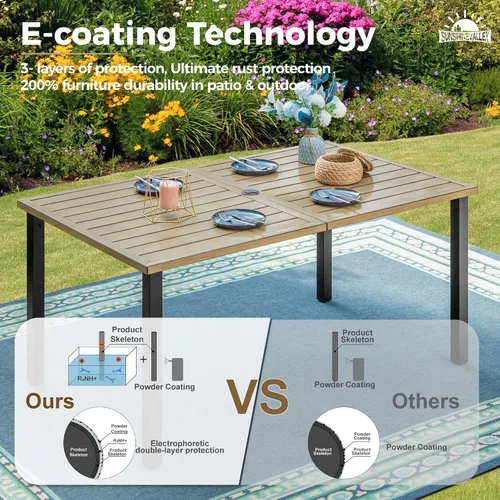 Vista 5 de SUNSHINE VALLEY Juego de 7 sillas de comedor para patio, material metálico, 6 sillas de comedor de color teca rectangular con agujero para sombrilla