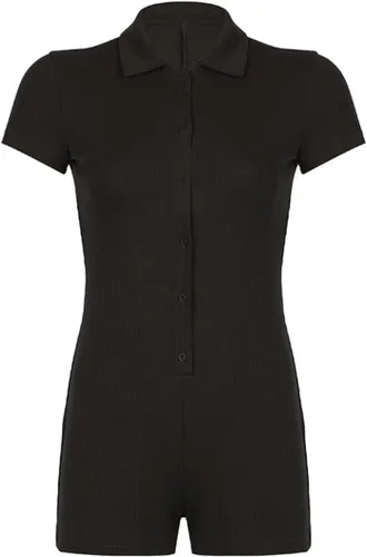 Vista 6 de MOCIBO Enterizo de manga corta para mujer, sexy, con cuello de punto acanalado, con botones frontales