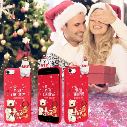 Vista 7 de Pack de 2 Fundas Lindas de Navidad para iPhone 7/8 / SE 2020/2022 4.7", Oso Rojo, Alce, Muñeca 3D, Muñeco de Nieve, Patrón Feliz Navidad, Silicona