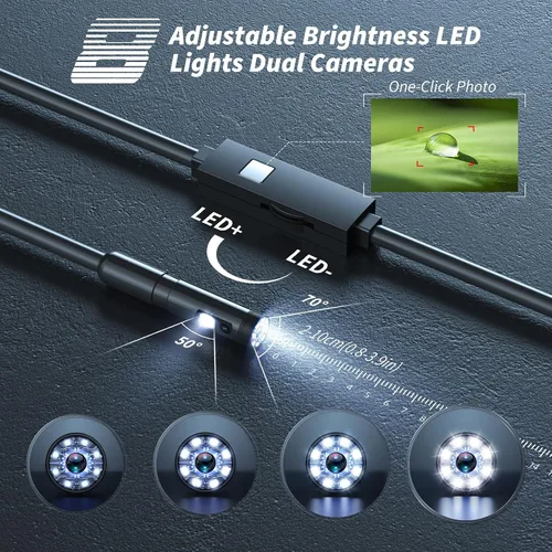 Vista 5 de Cámara endoscópica con luz, herramientas de boroscopio de 1920P HD con 8 luces LED ajustables, endoscopio con cámara de serpiente semirrígida