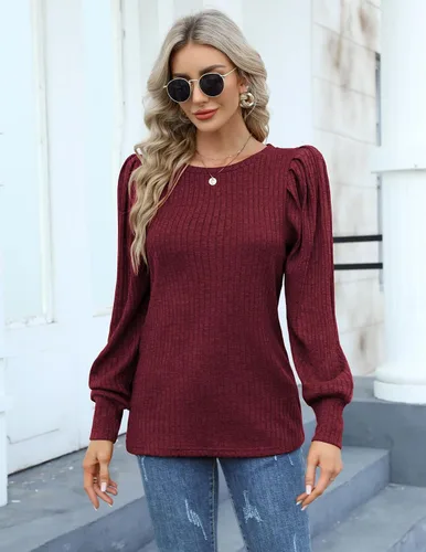 Vista 3 de HOTOUCH Blusa de punto para mujer, suave, manga larga, ligera, cuello redondo, talla S-XXL