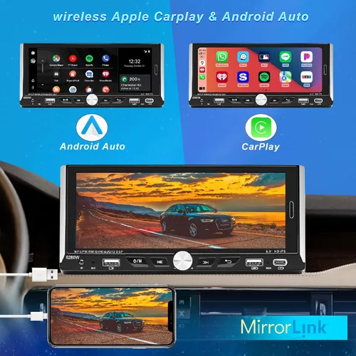 Vista 2 de Radio de automóvil DIN individual compatible con Apple CarPlay inalámbrico, estéreo para automóvil con pantalla táctil IPS de 6.9'', Bluetooth