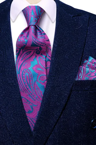 Vista 229 de Hi-Tie Corbatas de seda para hombre, diseño de cachemira a rayas, con bolsillo, gemelos cuadrados, conjunto formal de negocios