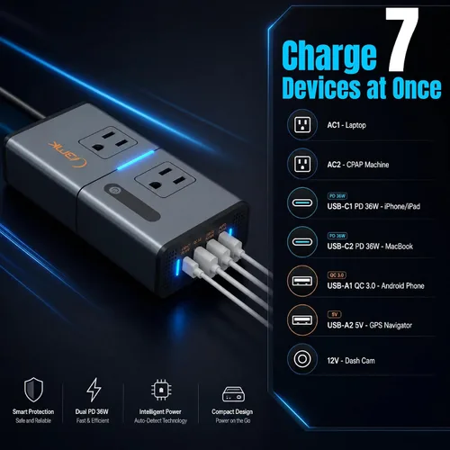 Vista 2 de BMK 200W Inversor de corriente para automóvil Nuevo adaptador de toma de corriente con USB DC 12V a 110V, cargador de automóvil con USB 1.2A y 2.4A