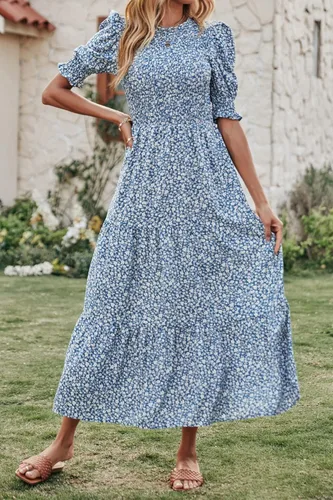 Vista 2 de BTFBM Vestidos para mujer cuello redondo casual de verano con volantes manga corta bohemio con niveles fruncido largo con estampado floral
