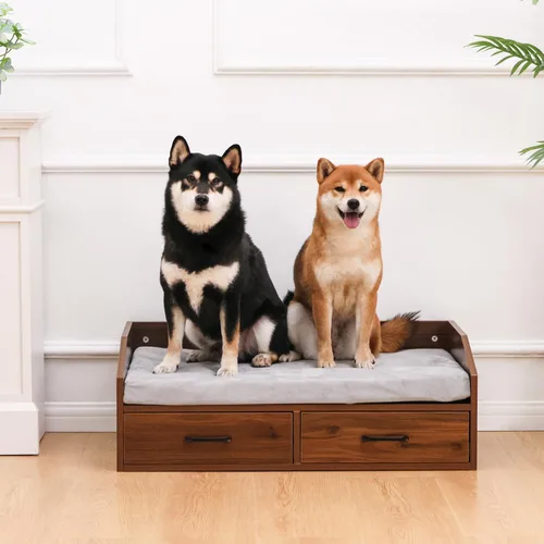 Vista 2 de Cama elevada para perros pequeños a medianos: sofá de madera para interiores de 32 x 21 pulgadas con cojín suave, estilo moderno de mediados