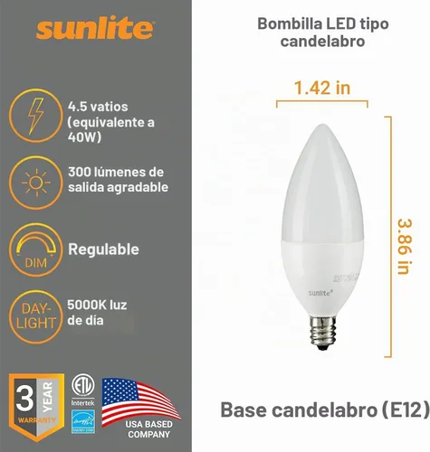 Vista 2 de Sunlite Bombilla LED B11 con punta de torpedo esmerilada, 4.5 vatios (equivalente a 40 W) 300 lúmenes, base de candelabro E12, regulable 5000K luz