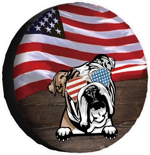 Vista 16 de Cubierta de neumático de repuesto para perro salchicha con gafas de sol con bandera de Estados Unidos, fundas protectoras de ruedas a prueba