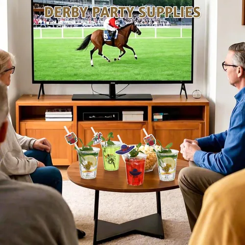 Vista 4 de MUOUAKATE Copas Derby desechables de plástico a granel, paquete de 100 vasos de 12 onzas Derby Clear Julep con pajitas de plástico y tarjetas