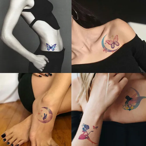 Vista 6 de Tatuajes con purpurina para niñas y mujeres, 12 hojas con purpurina de mariposa, luna, flores, sirena, tatuajes temporales para niñas, suministros