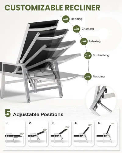 Vista 4 de Vexwalx Tumbona para patio al aire libre con ruedas y reposabrazos, sillas reclinables ajustables de aluminio de 5 posiciones, sillas de playa al