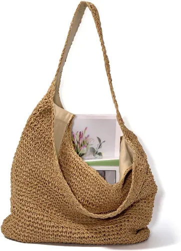 Vista 5 de CHIC DIARY Bolso de hombro de paja tejido a mano para mujer, asas de playa de verano, con cremallera