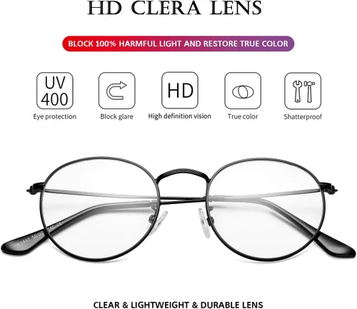 Vista 4 de PORADAY Lentes de bloqueo de luz azul para mujeres y hombres, marco de lentes de metal redondo retro 100% anti-luz azul