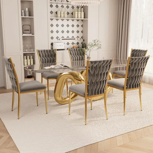 Vista 10 de Juego de 2 sillas de comedor de terciopelo, modernas sillas de cocina tejidas con patas de metal dorado, cojín tapizado con respaldo alto