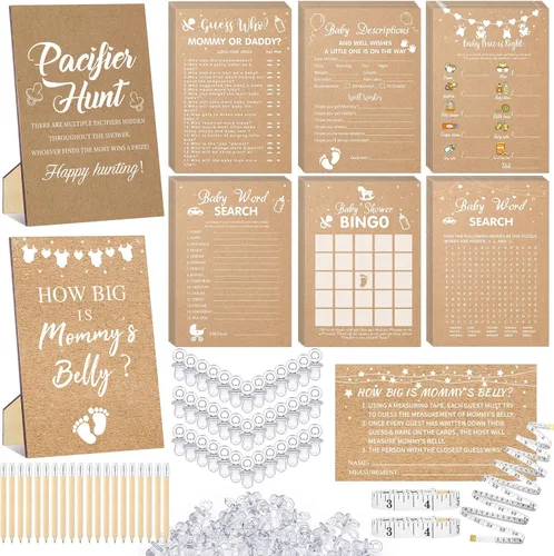 Vista 12 de Sherr Juego de 424 chupetes para baby shower, incluye letrero de caza y 50 chupetes acrílicos, Bingo Price Guess How Is Big Search for Brown Baby